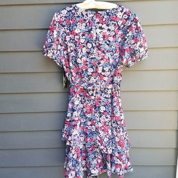 NWT Tahari Navy Floral Faux Wrap Dress with Tie and Ruffles Size 14 - Picture 3 of 13